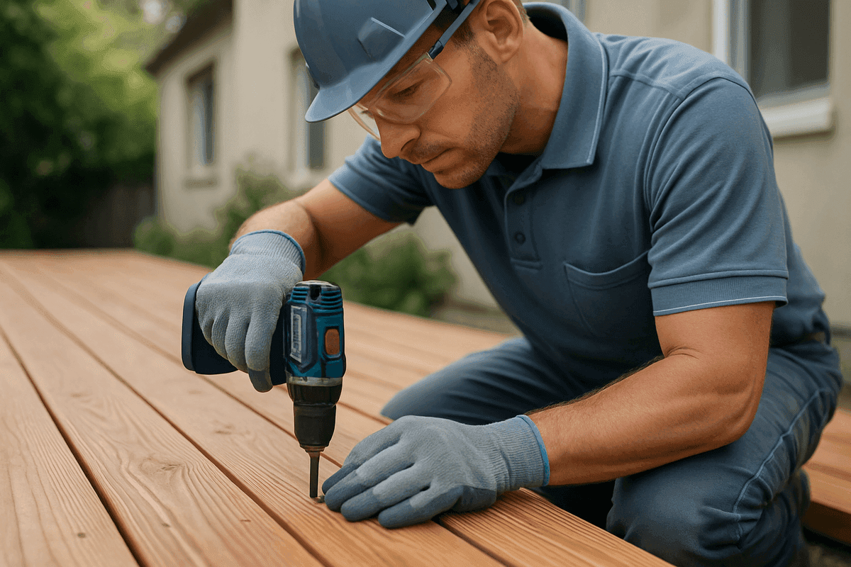 Close-up of gloved hands fastening wooden deck board with cordless drill safely